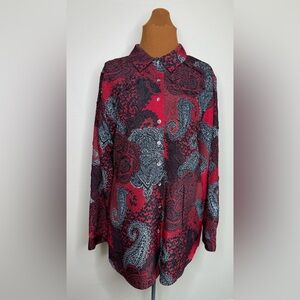 Chico's Red Black Paisley Button-Down Shirt